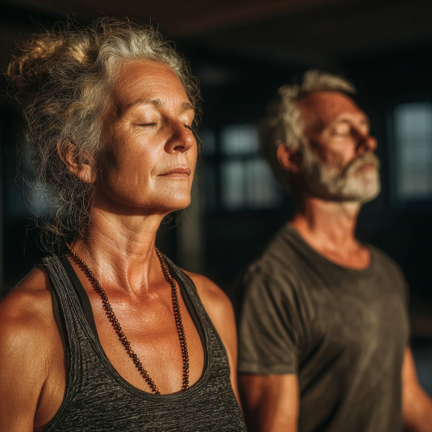 Група літніх людей займається йогою на природі