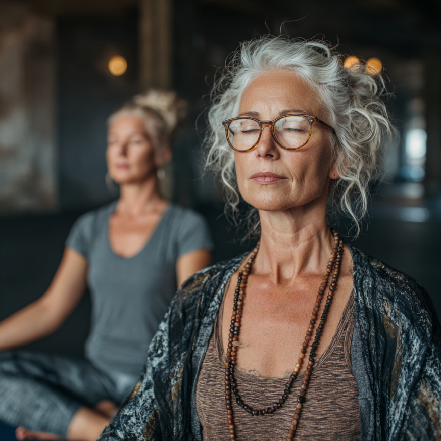 Група літніх людей займається йогою на природі